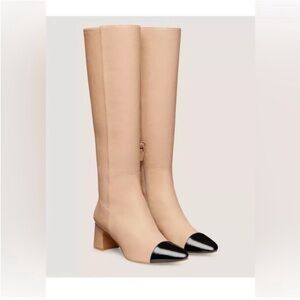 Stuart Weitzman Beige Knee-High Boots with Black Cap Toe